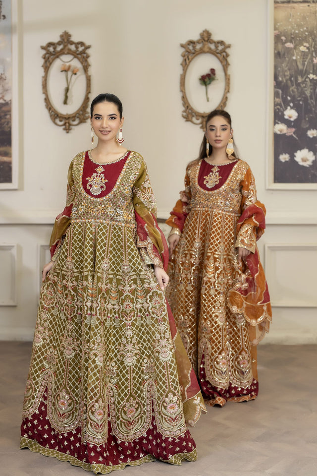 4YOU-9078 – Mustard & Maroon Organza Front-Open Maxi 3-Piece