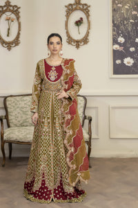 4YOU-9078 – Olive Green & Maroon Organza Front-Open Maxi 3-Piece