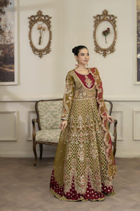 4YOU-9078 – Olive Green & Maroon Organza Front-Open Maxi 3-Piece