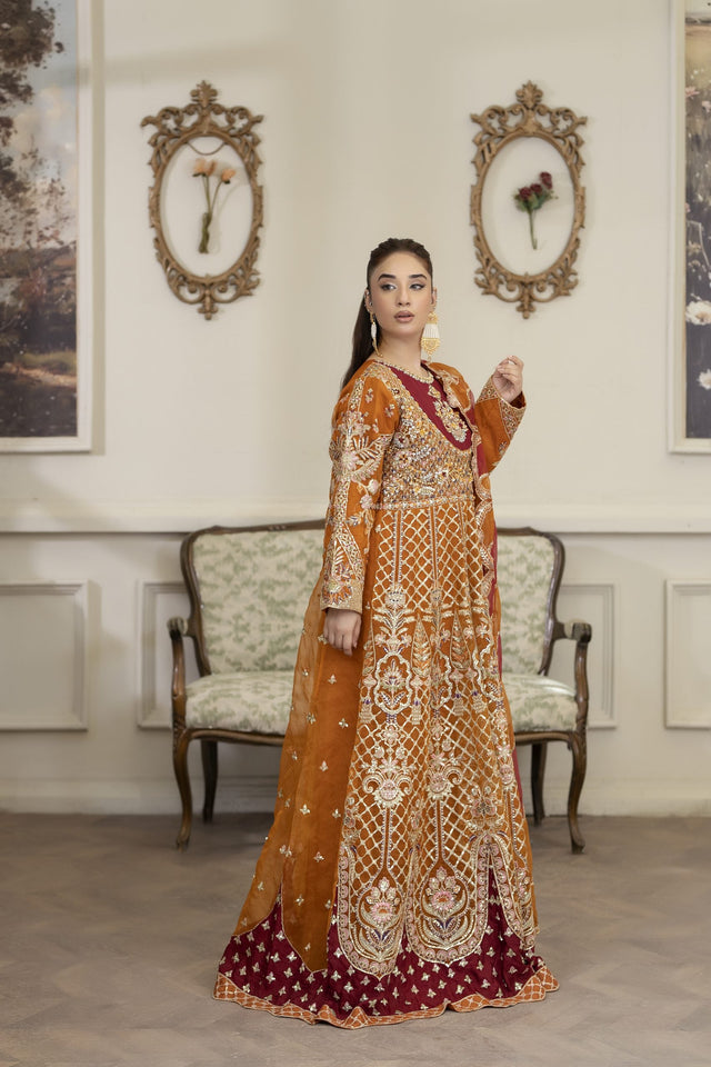 4YOU-9078 – Mustard & Maroon Organza Front-Open Maxi 3-Piece