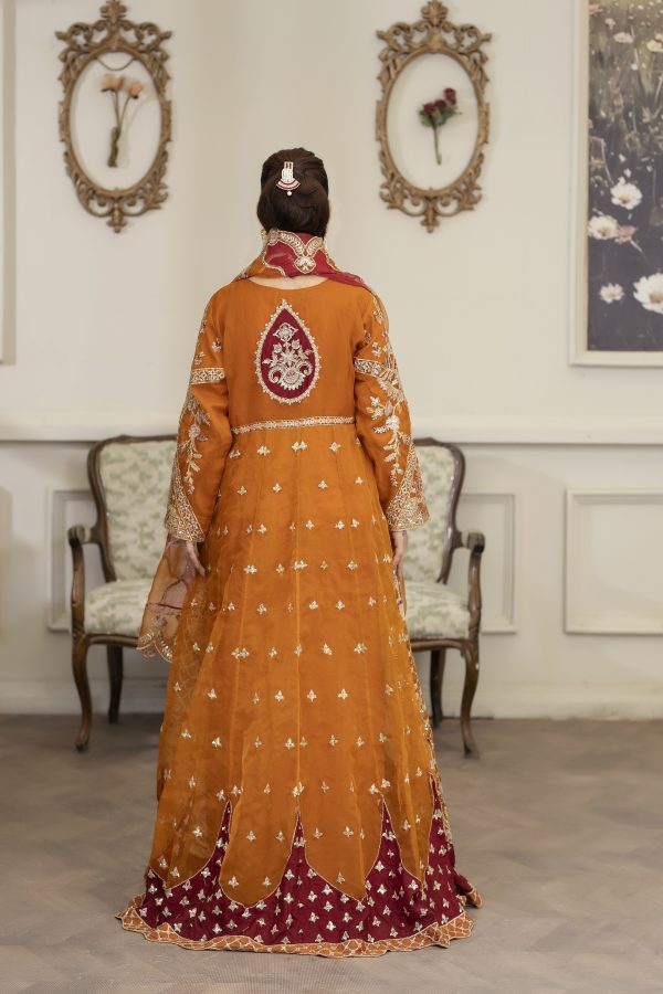 4YOU-9078 – Mustard & Maroon Organza Front-Open Maxi 3-Piece