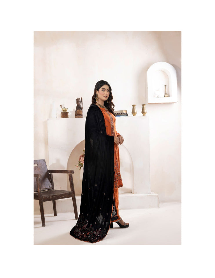 Bareeze Dyed Slub Embroidered Ensemble with Velvet Shawl
