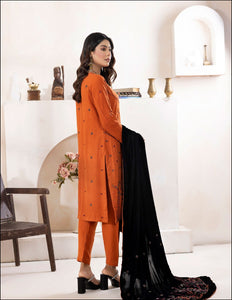 Bareeze Dyed Slub Embroidered Ensemble with Velvet Shawl
