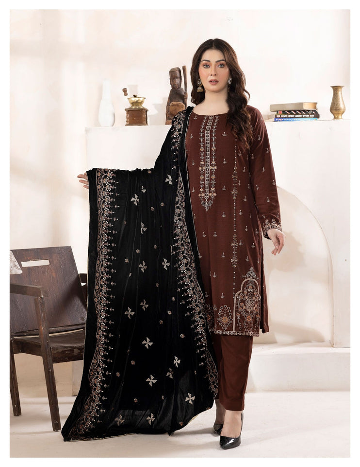 Bareeze Dyed Slub Embroidered Ensemble with Velvet Shawl