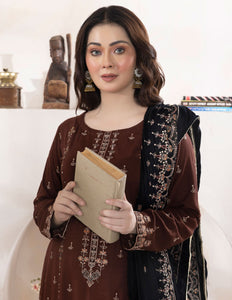 Bareeze Dyed Slub Embroidered Ensemble with Velvet Shawl