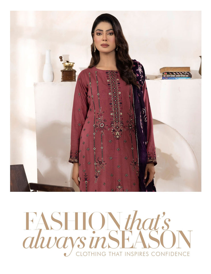 Bareeze Dyed Slub Embroidered Ensemble with Velvet Shawl