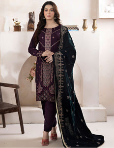 Bareeze Dyed Slub Embroidered Ensemble with Velvet Shawl