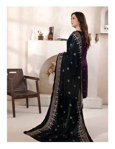 Bareeze Dyed Slub Embroidered Ensemble with Velvet Shawl