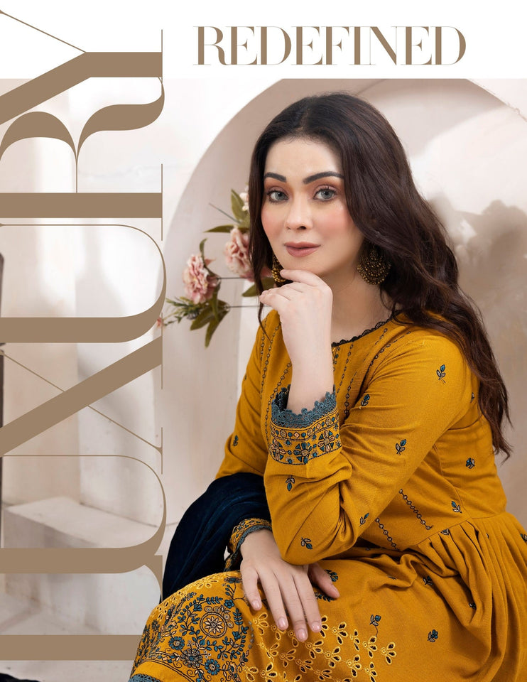 Bareeze Dyed Slub Embroidered Ensemble with Velvet Shawl