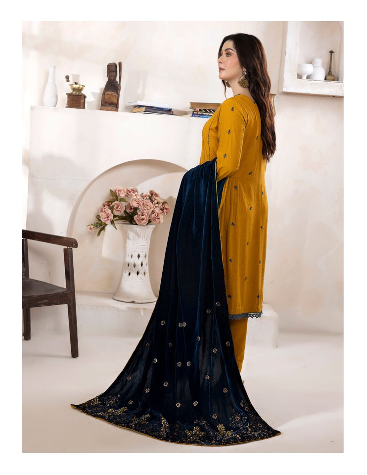 Bareeze Dyed Slub Embroidered Ensemble with Velvet Shawl