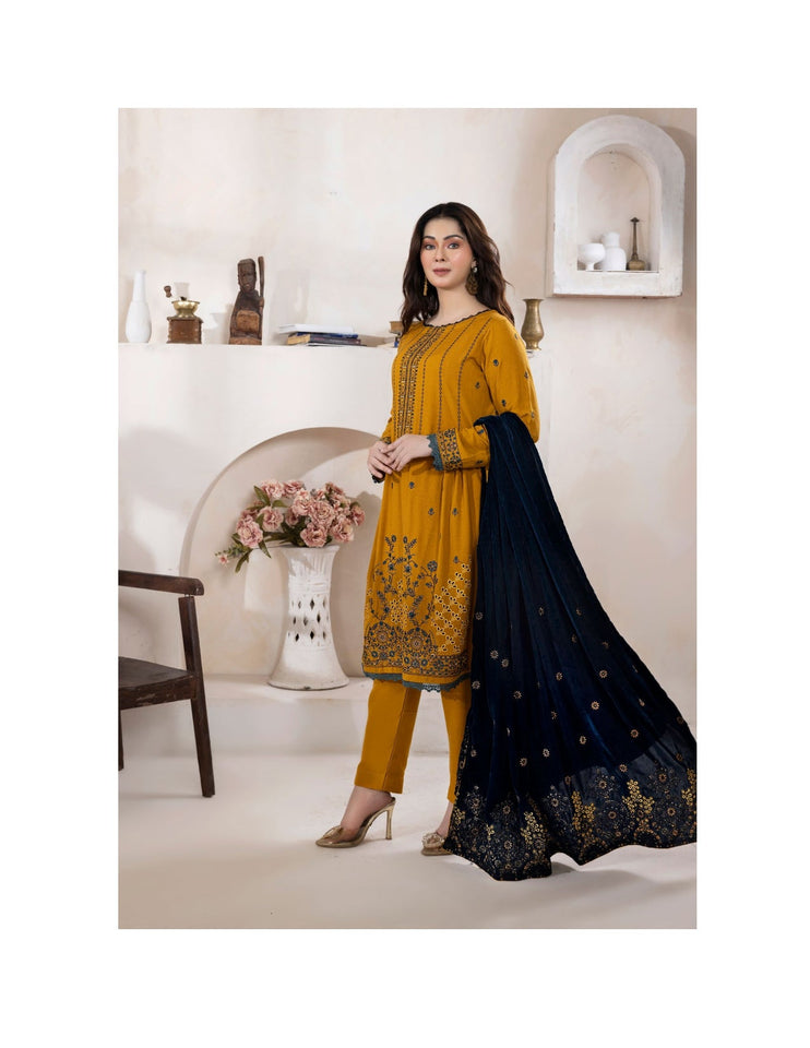 Bareeze Dyed Slub Embroidered Ensemble with Velvet Shawl