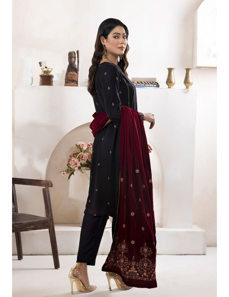 Bareeze Dyed Slub Embroidered Ensemble with Velvet Shawl