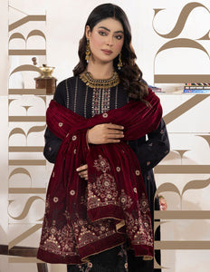Bareeze Dyed Slub Embroidered Ensemble with Velvet Shawl