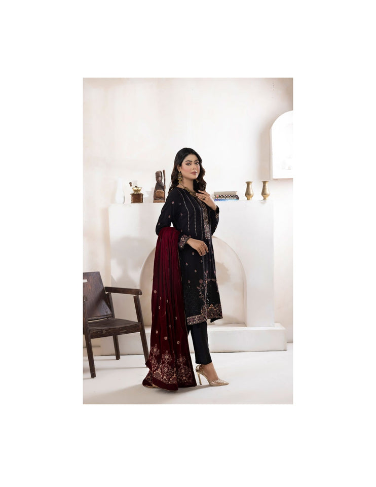 Bareeze Dyed Slub Embroidered Ensemble with Velvet Shawl