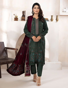 Bareeze Dyed Slub Embroidered Ensemble with Velvet Shawl