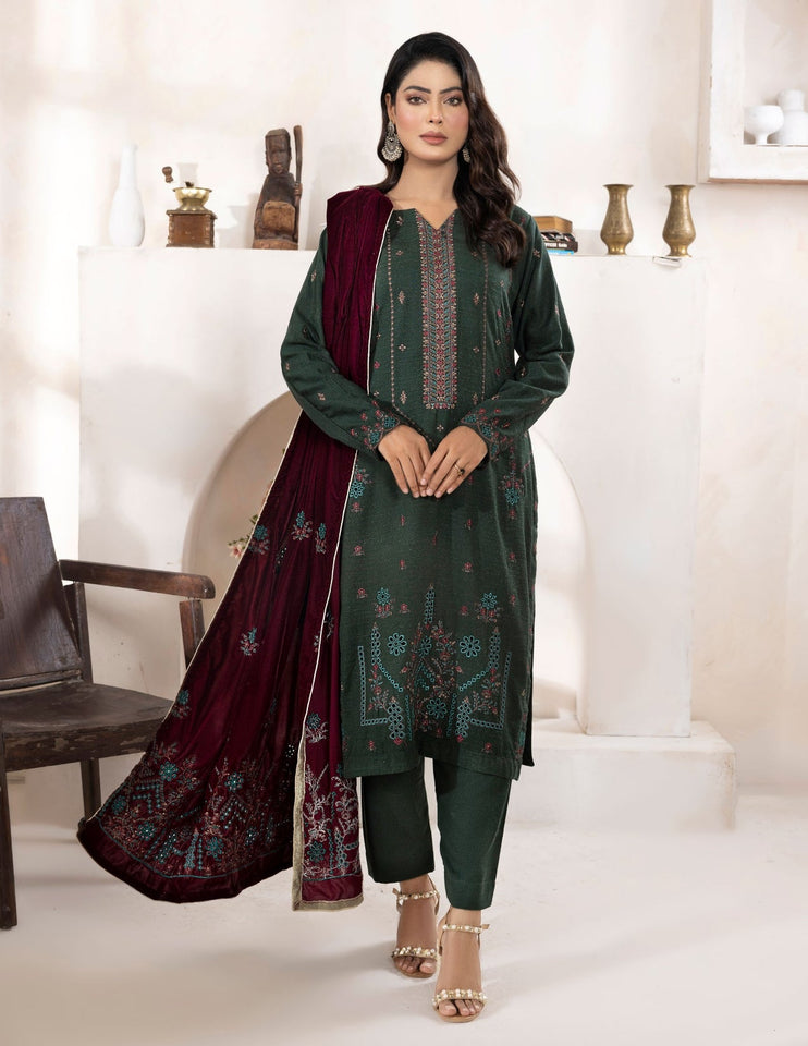 Bareeze Dyed Slub Embroidered Ensemble with Velvet Shawl