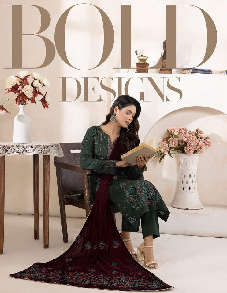 Bareeze Dyed Slub Embroidered Ensemble with Velvet Shawl