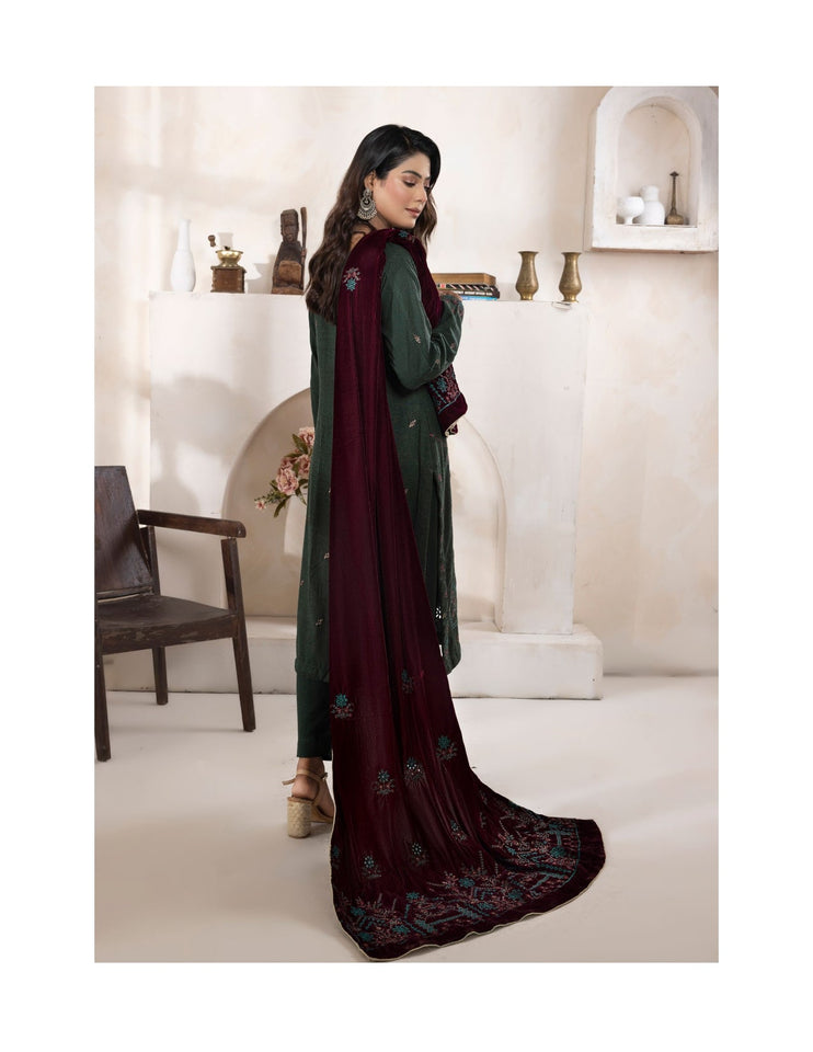 Bareeze Dyed Slub Embroidered Ensemble with Velvet Shawl