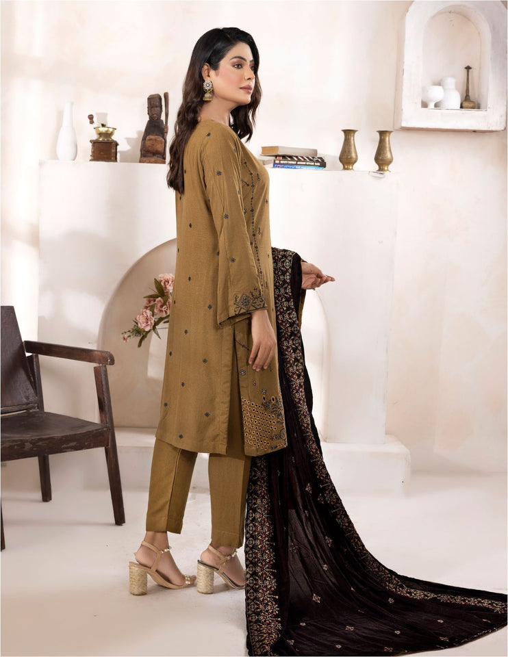 Bareeze Dyed Slub Embroidered Ensemble with Velvet Shawl