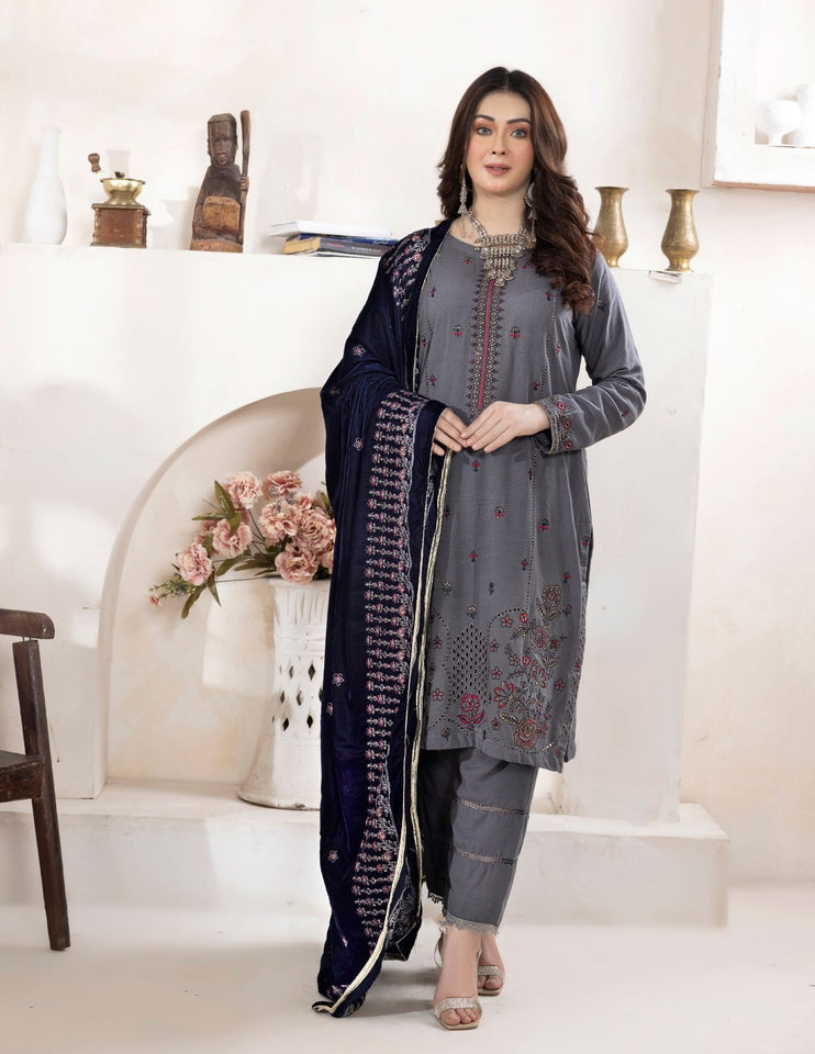 Bareeze Dyed Slub Embroidered Ensemble with Velvet Shawl