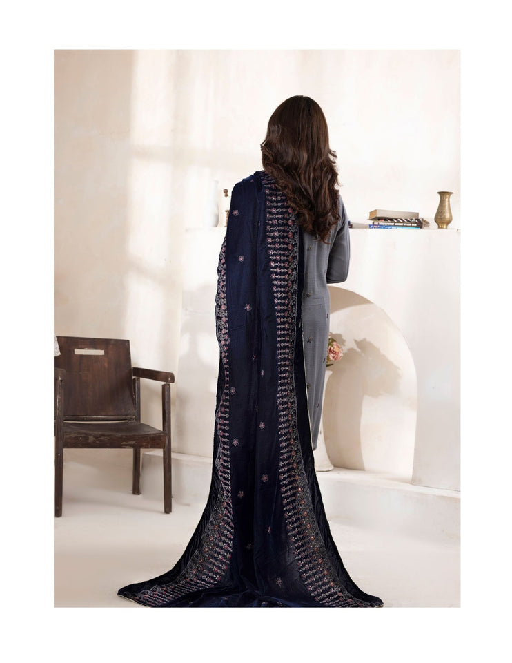 Bareeze Dyed Slub Embroidered Ensemble with Velvet Shawl