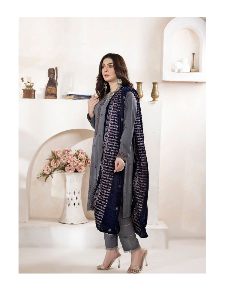 Bareeze Dyed Slub Embroidered Ensemble with Velvet Shawl