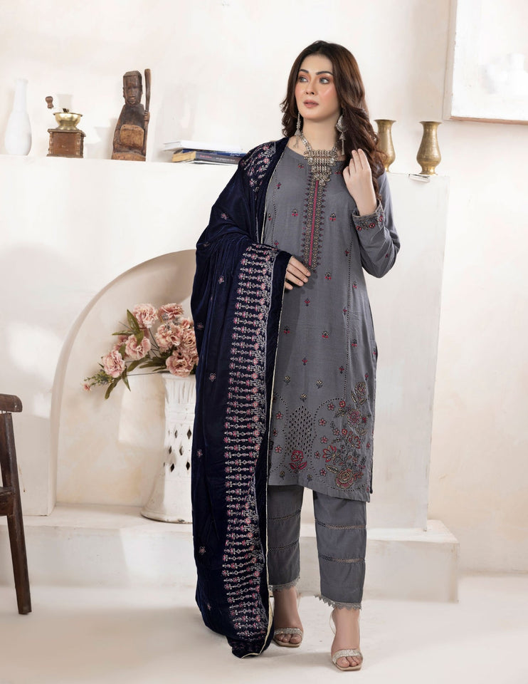 Bareeze Dyed Slub Embroidered Ensemble with Velvet Shawl
