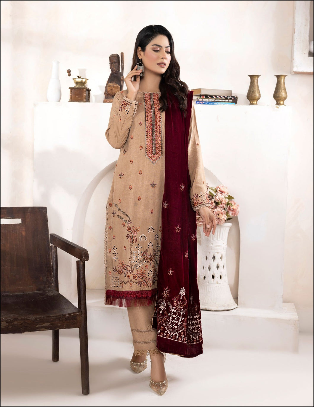 Bareeze Dyed Slub Embroidered Ensemble with Velvet Shawl