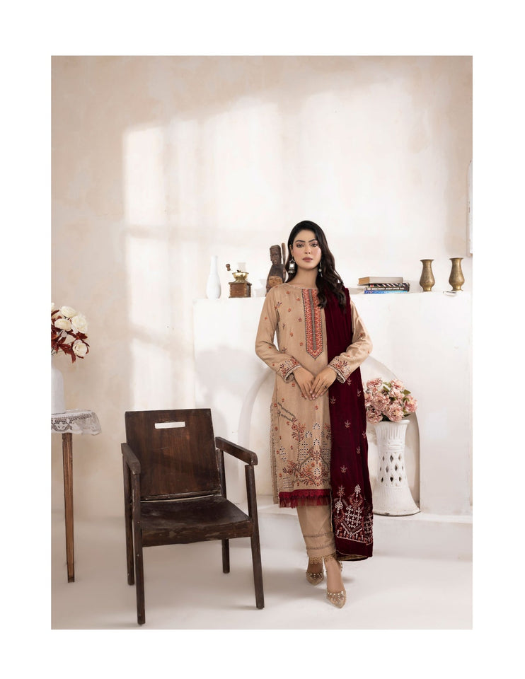 Bareeze Dyed Slub Embroidered Ensemble with Velvet Shawl