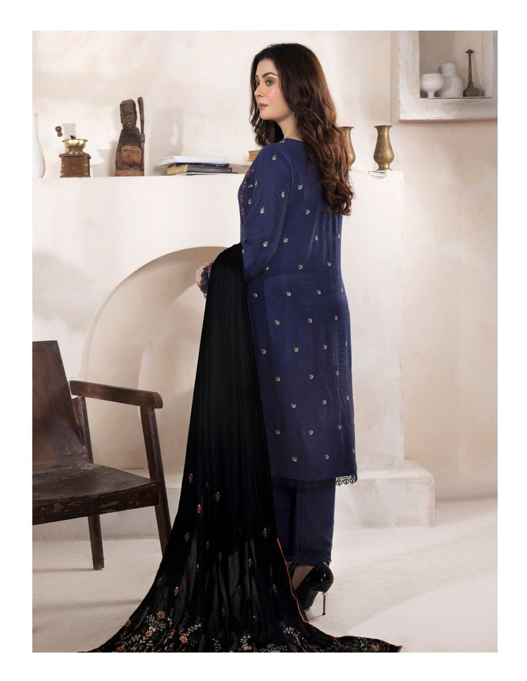 Bareeze Dyed Slub Embroidered Ensemble with Velvet Shawl