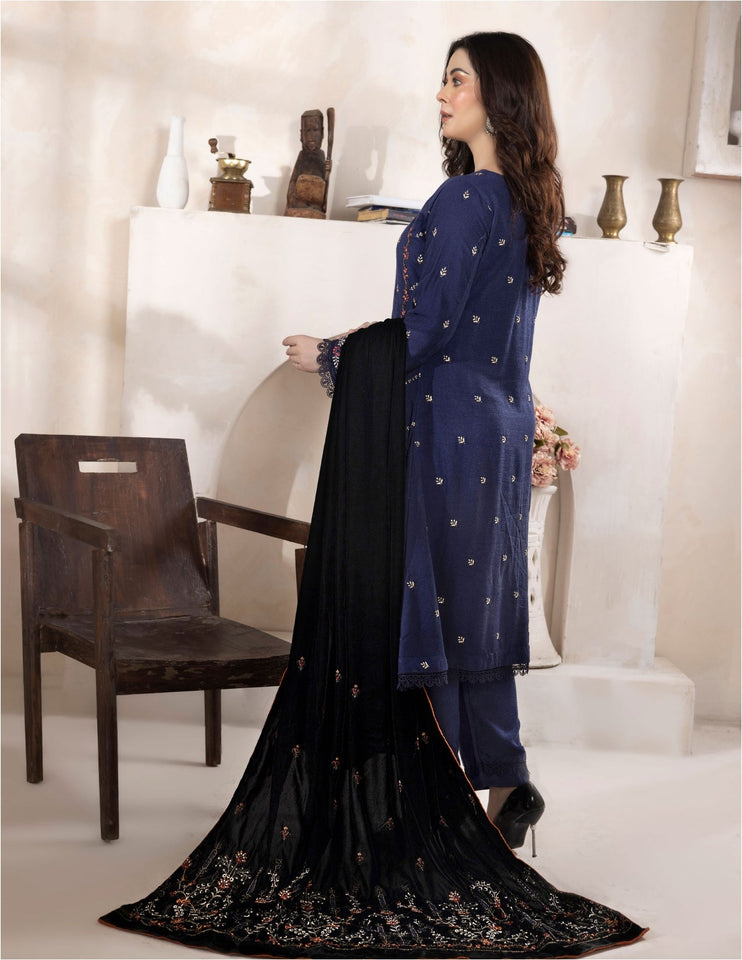 Bareeze Dyed Slub Embroidered Ensemble with Velvet Shawl