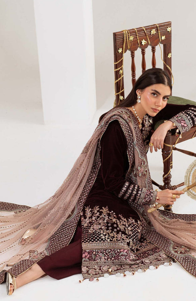 Maya by Nureh Luxury Embroidered Velvet Unstitched 3 Piece Suit - NW-110 - NU25VLT - Maroon - Winter Collection