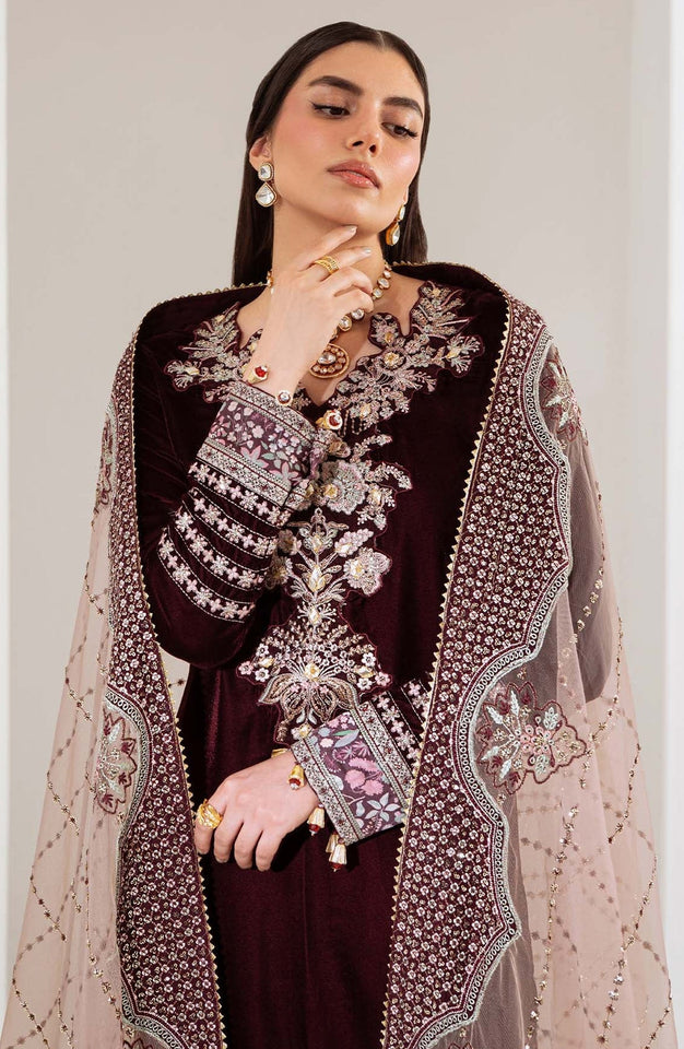 Maya by Nureh Luxury Embroidered Velvet Unstitched 3 Piece Suit - NW-110 - NU25VLT - Maroon - Winter Collection