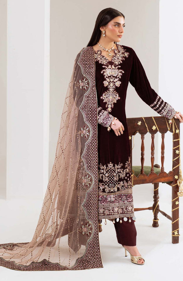 Maya by Nureh Luxury Embroidered Velvet Unstitched 3 Piece Suit - NW-110 - NU25VLT - Maroon - Winter Collection