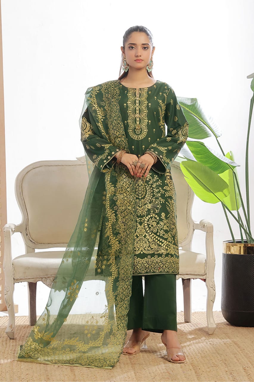 Unstitched 3-Piece Cambric Suit with Organza Dupatta