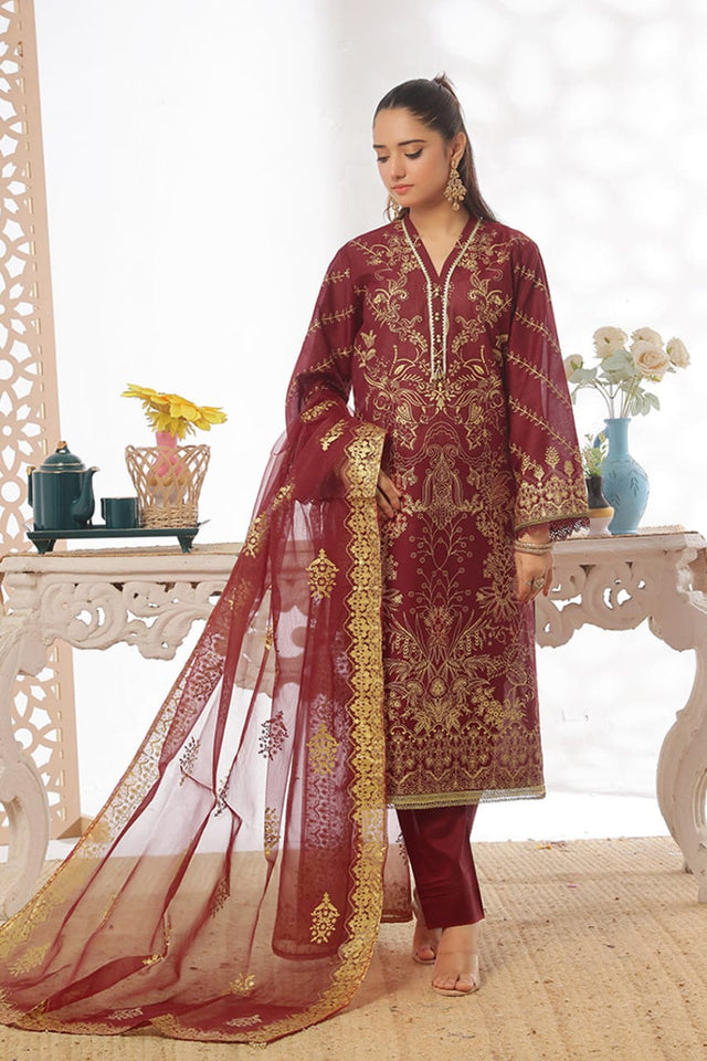 Unstitched 3-Piece Cambric Suit with Organza Dupatta