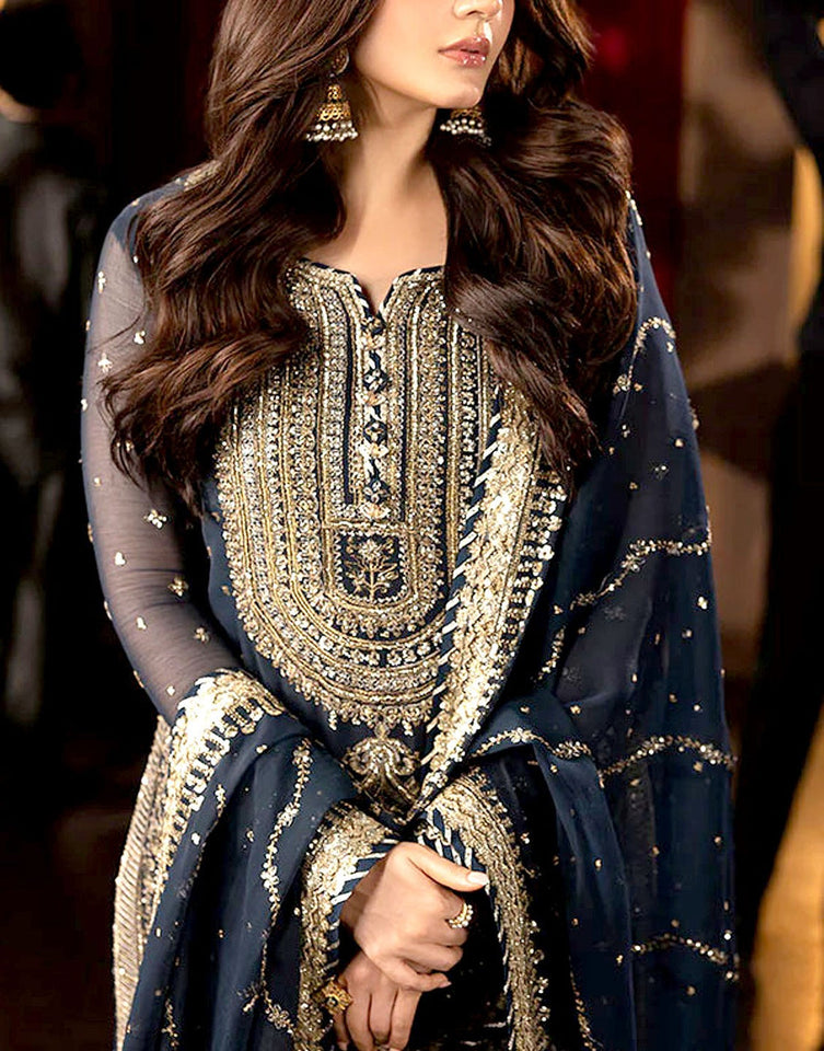 Luxury Heavy Embroidered Navy Blue Chiffon Wedding Wear Dress